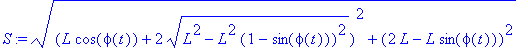 S := ((L*cos(phi(t))+2*(L^2-L^2*(1-sin(phi(t)))^2)^(1/2))^2+(2*L-L*sin(phi(t)))^2)^(1/2)